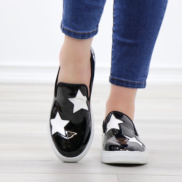 Black With White Stars Patent Sneakers Shoes - Picture 9 of 14